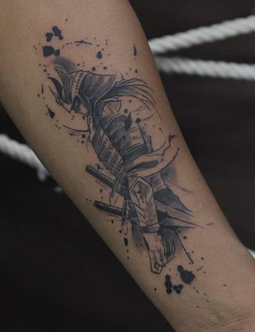 A full figure tattoo of a warrior