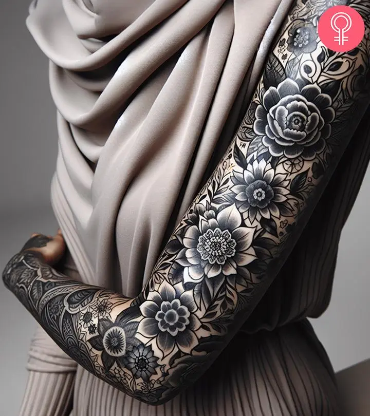 Woman with a floral tattoo sleeve on her arm