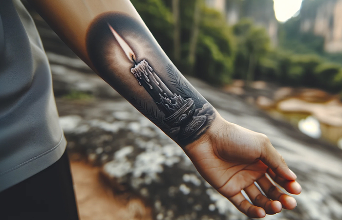 Candle tattoo on the inside of the forearm