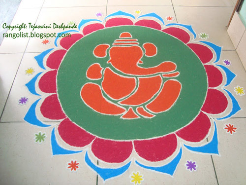 Colorful rangoli design highlighting Ganpati