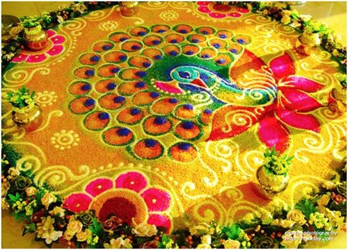 Peacock rangoli design bordered with flowers for Pongal