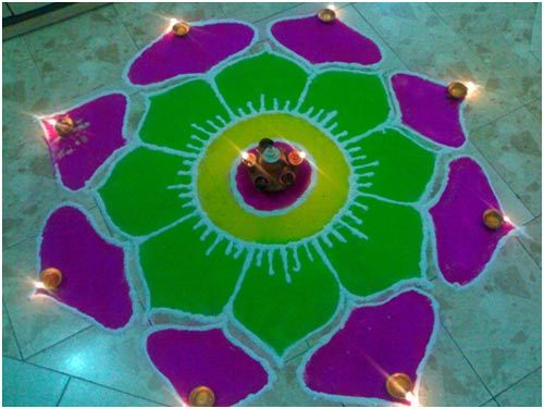 Simple rangoli design for competition with Diyas