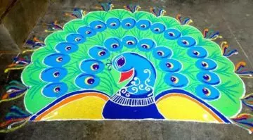 Vibrant peacock design rangoli for festivals