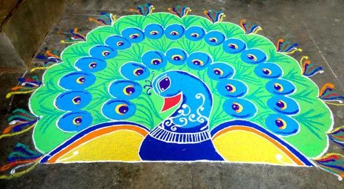Vibrant peacock design rangoli for festivals
