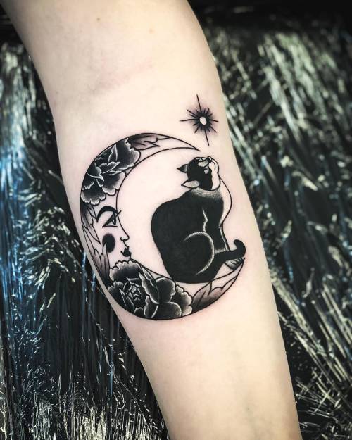 Cat and moon tattoo