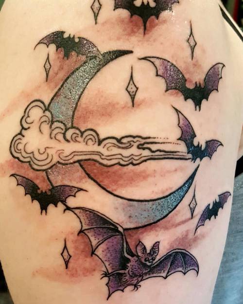 Bat and crescent moon tattoo
