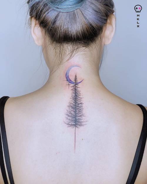 Crescent moon with tree tattoo