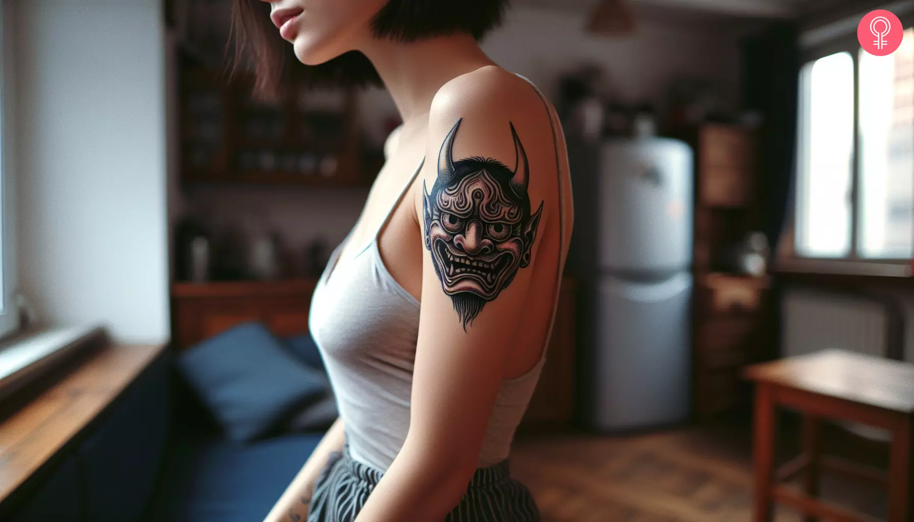 A Japanese devil mask tattoo on the upper arm