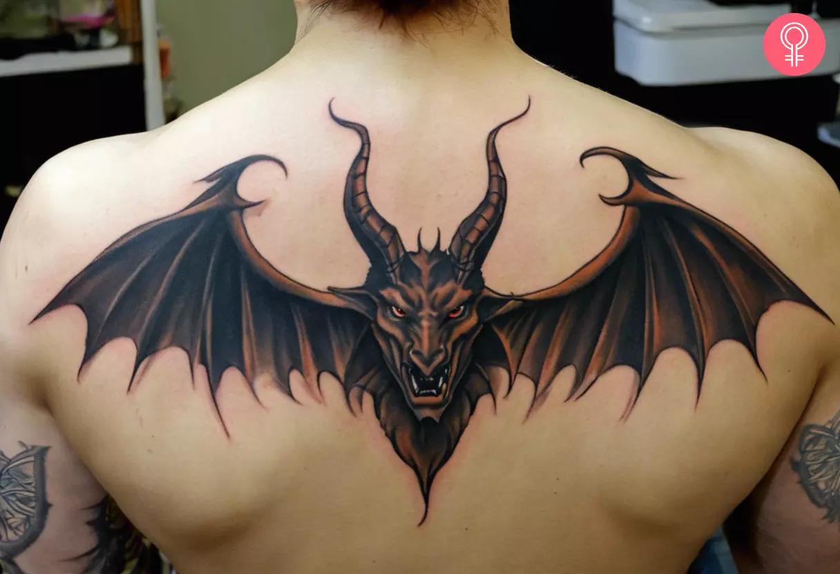 A Jersey devil tattoo on the back