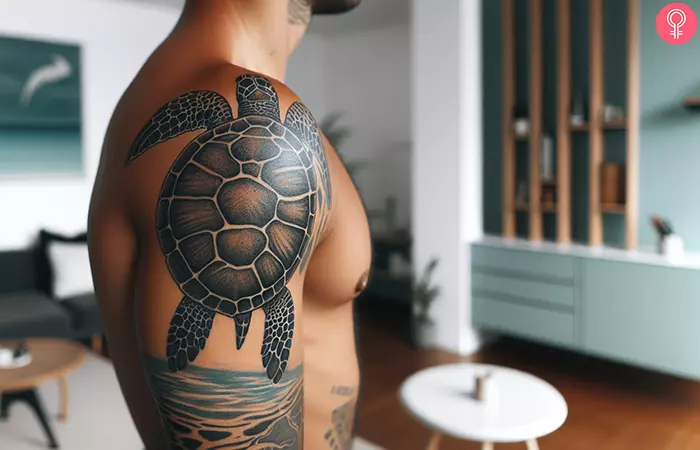 A Polynesian animal tattoo on the shoulder