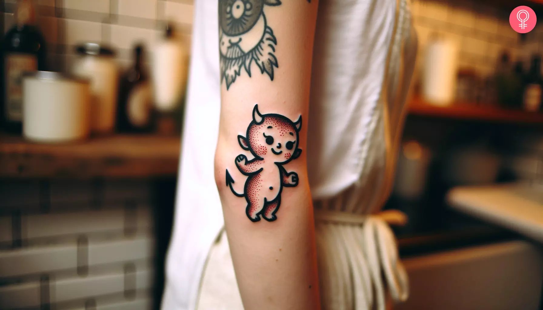 A baby devil tattoo on the arm