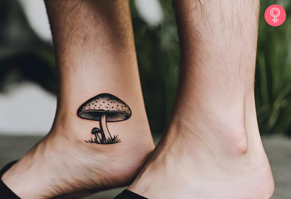 A black and gray mushroom tattoo on the inner ankle.