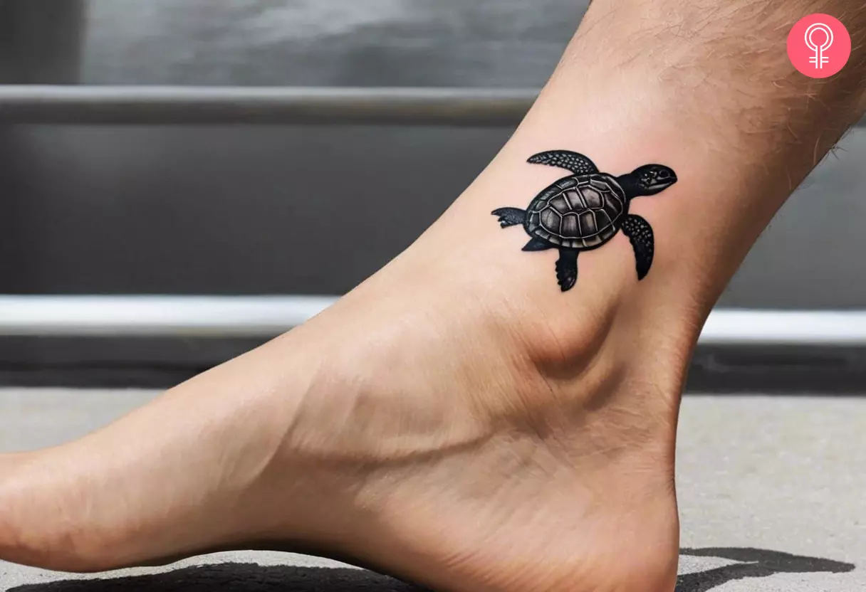 A black and gray sea turtle tattoo done above the ankle