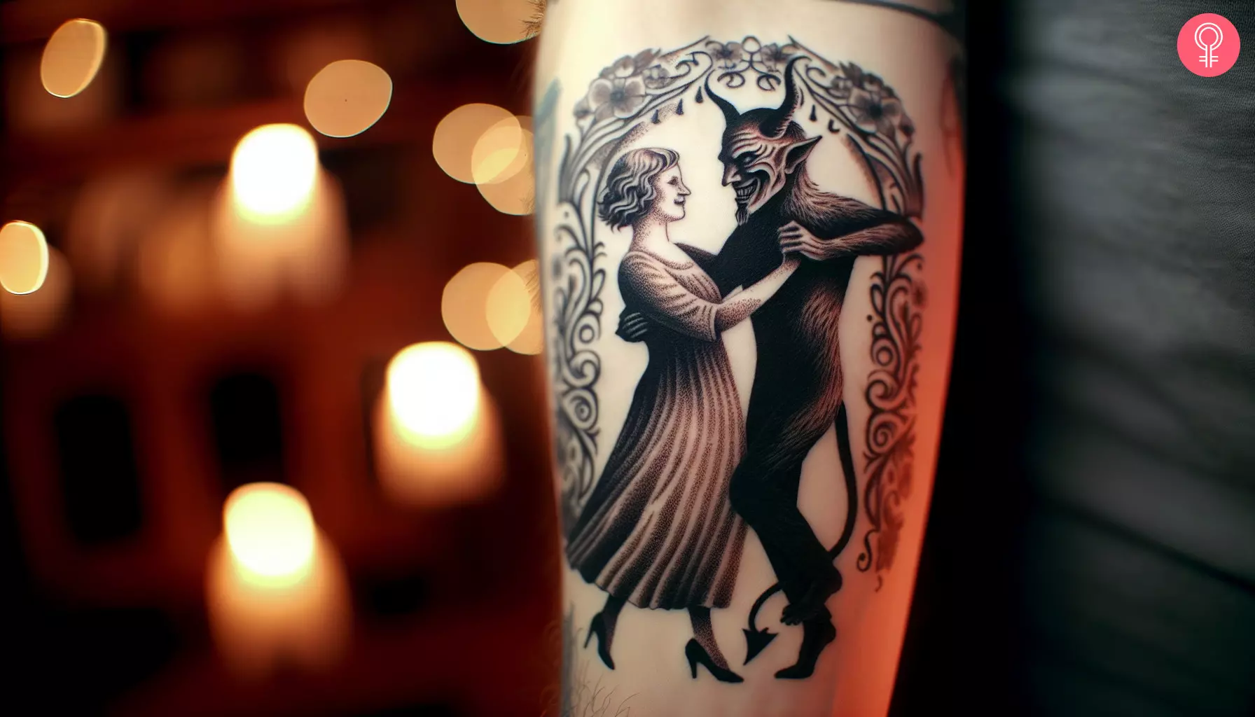 A dancing with the devil tattoo on the forearm