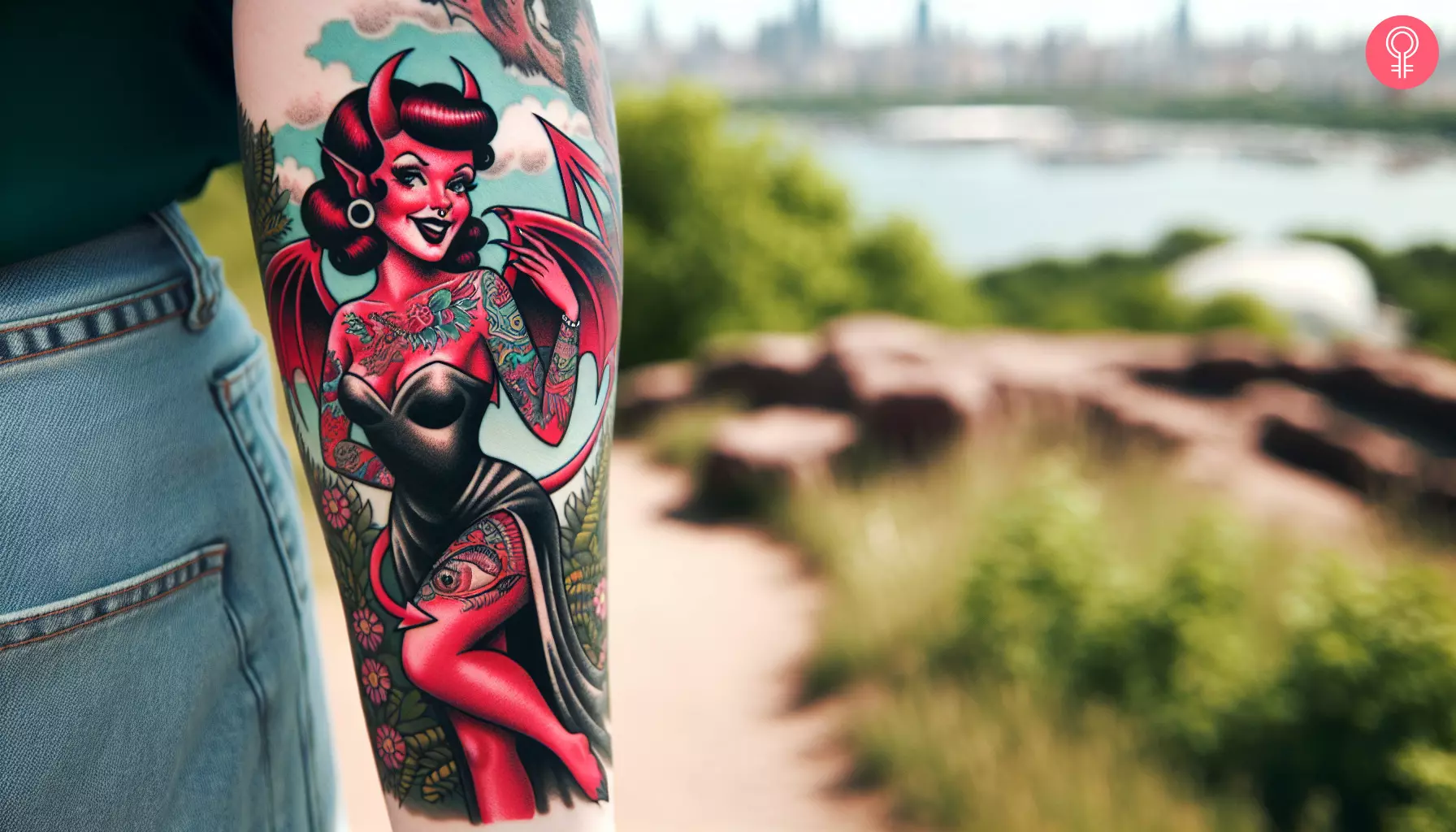 A devil pin up girl tattoo design on the arm