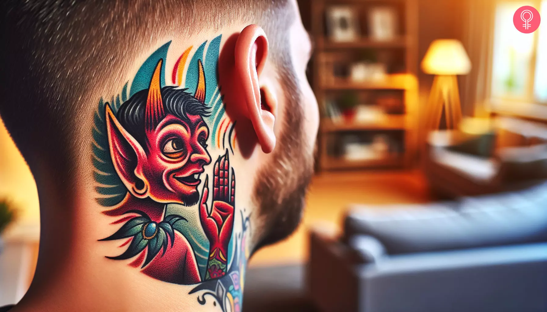 A devil whispering in ear tattoo on the neck