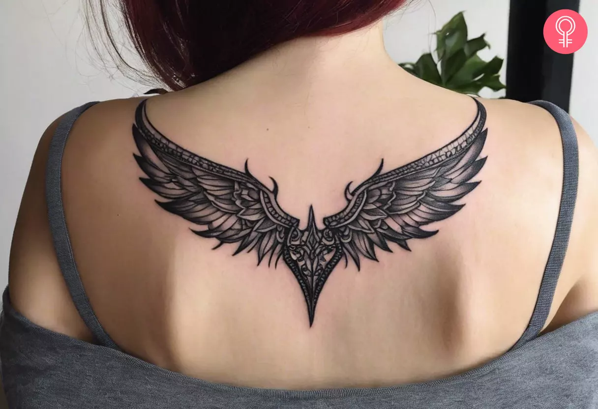 A devil wings tattoo on a woman’s upper back