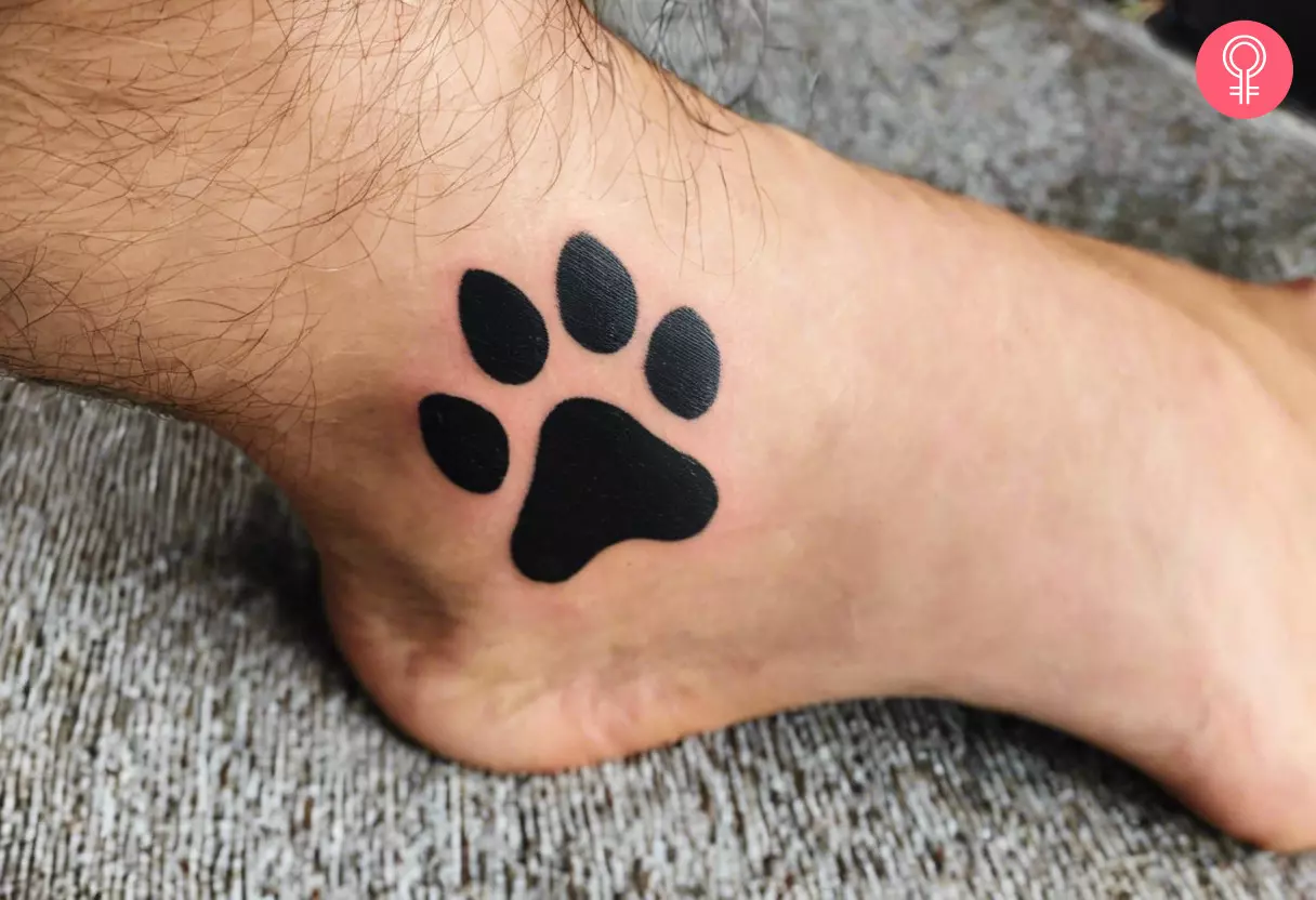 A dog paw print tattoo near the ankle