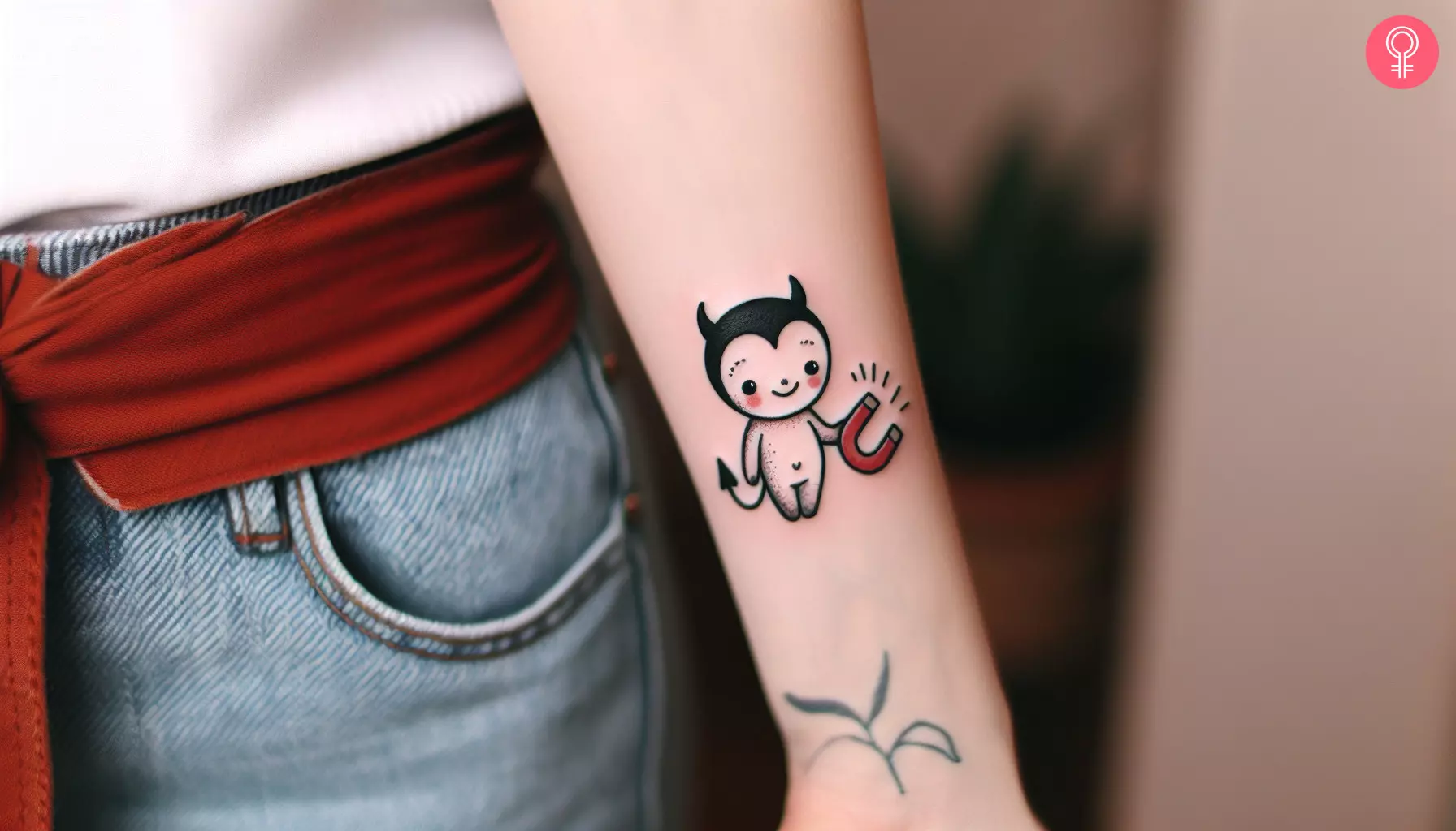 A lucky devil tattoo on the forearm