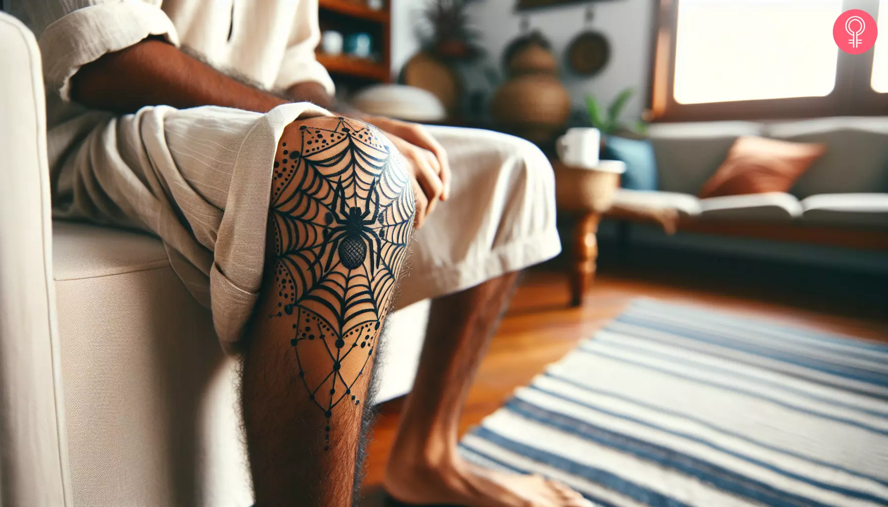 A man with a spider web knee tattoo