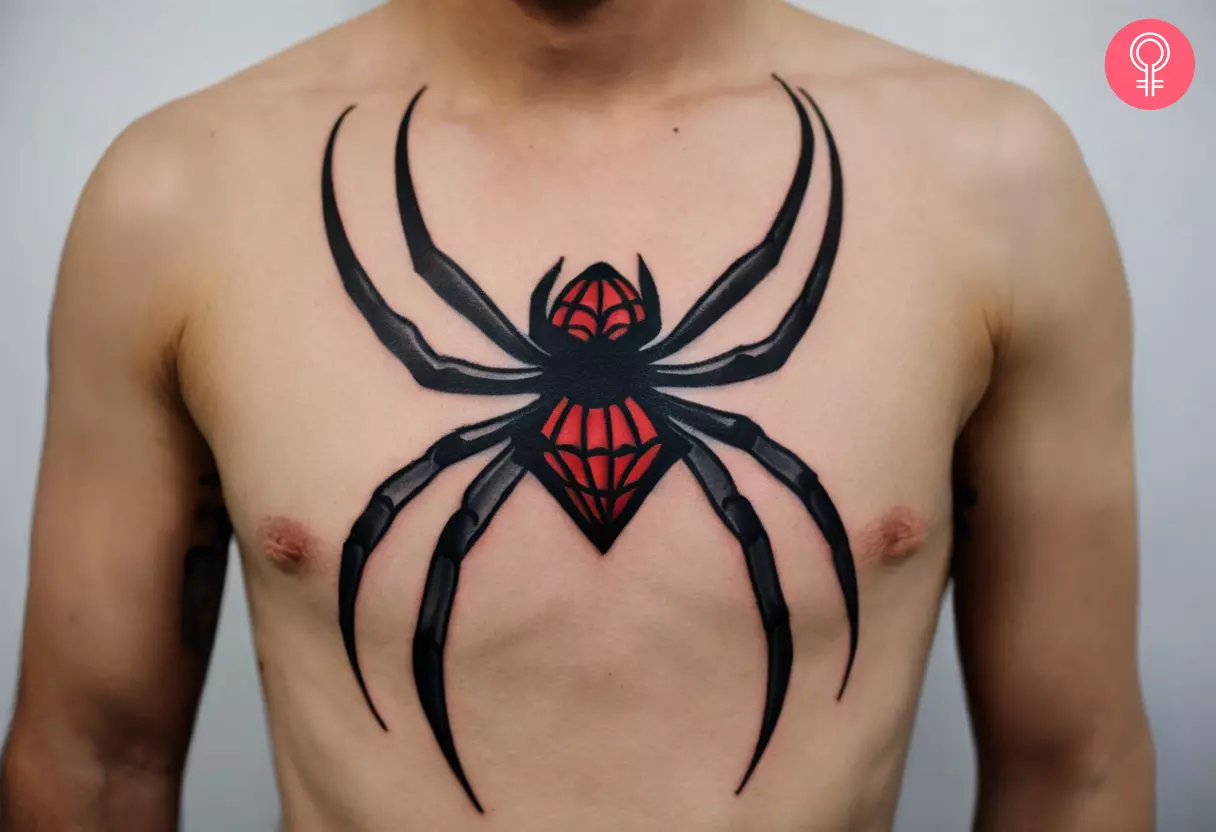 A man with a traditional spider tattoo on the chest