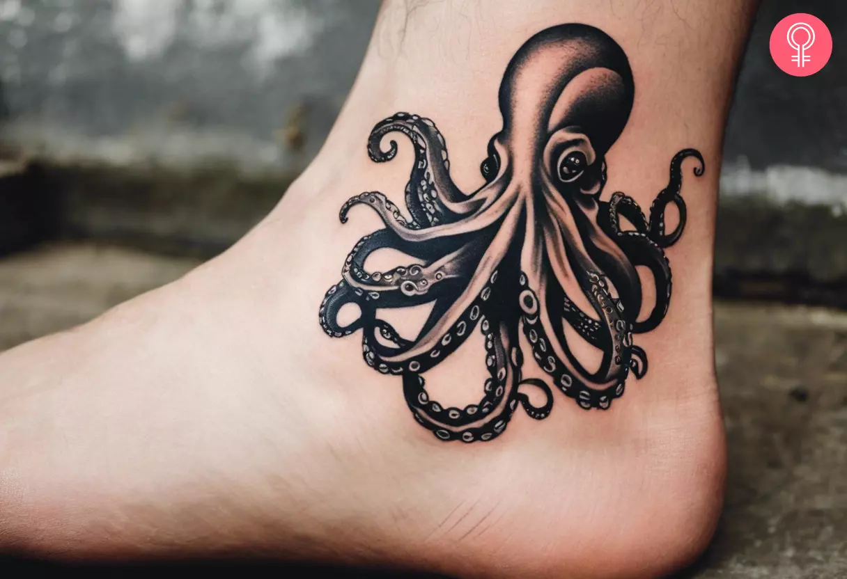A realistic black and gray octopus on the ankle