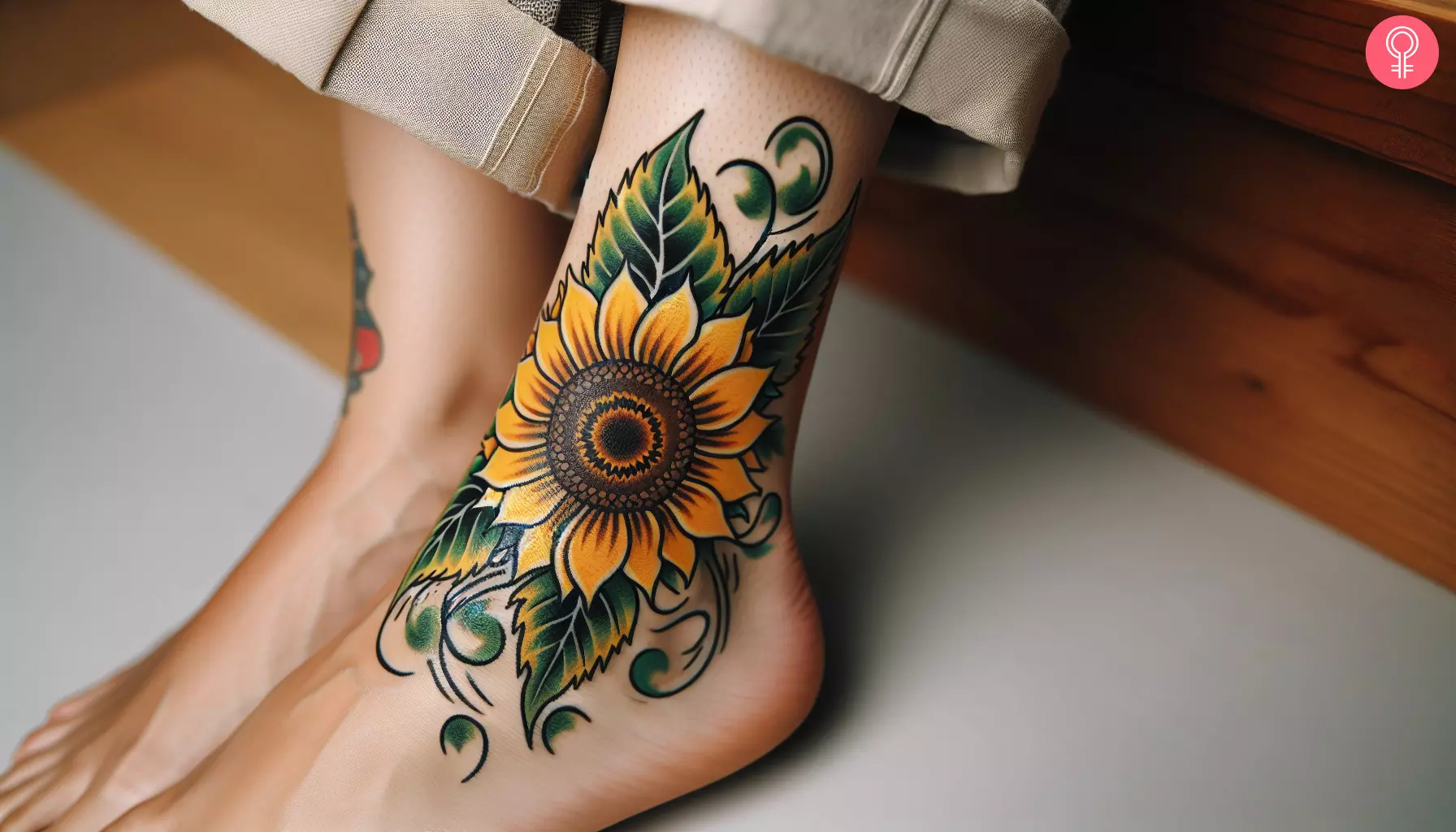 A sunflower tattoo drawn using traditional colored ink style on the ankle