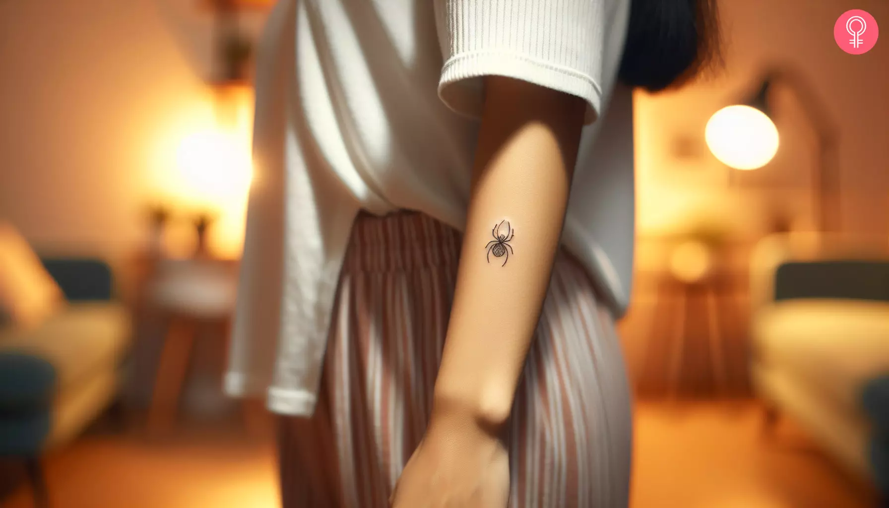 A woman with a small spider tattoo on the forearm