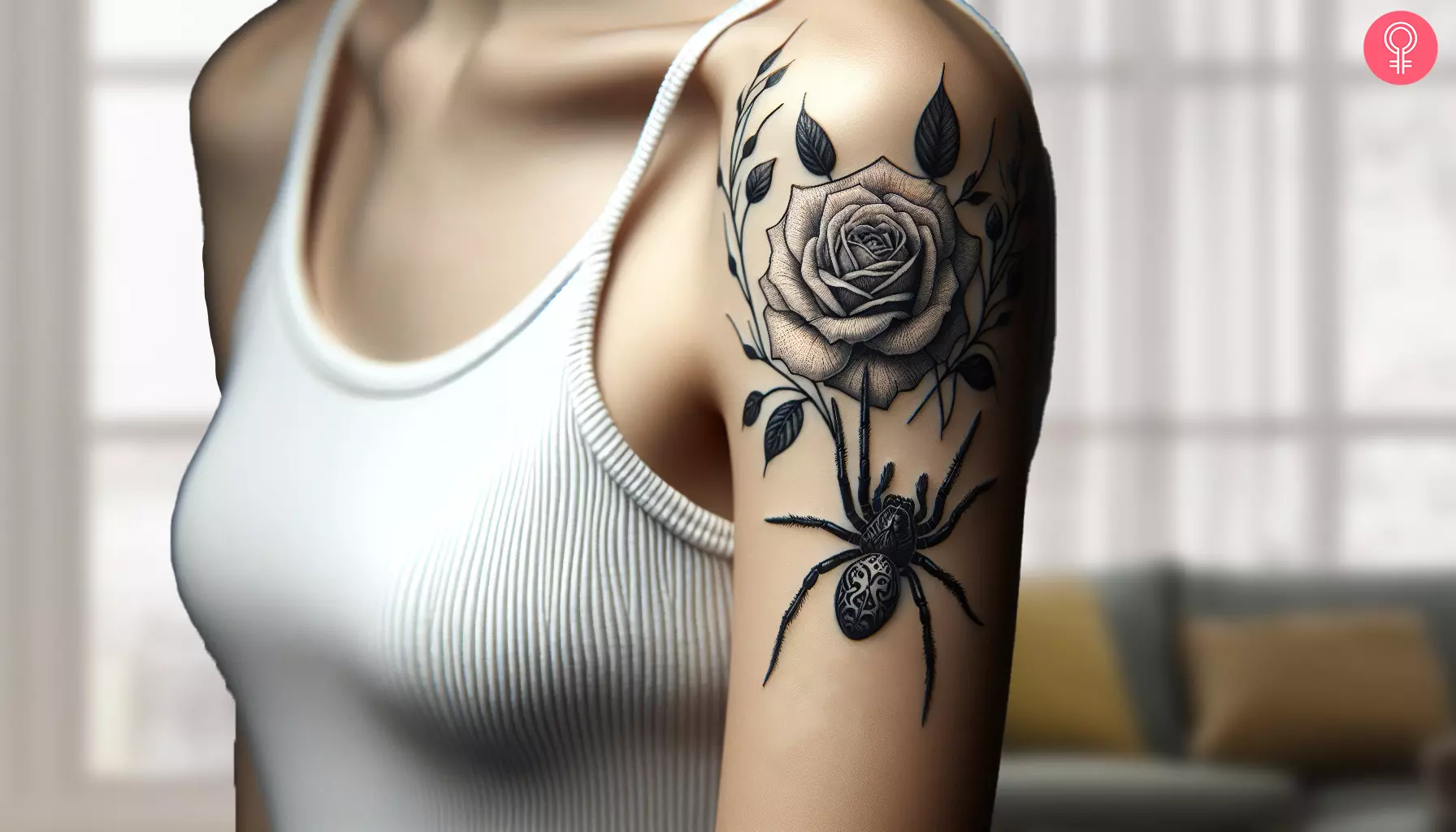 A woman with a spider flower tattoo on the upper arm