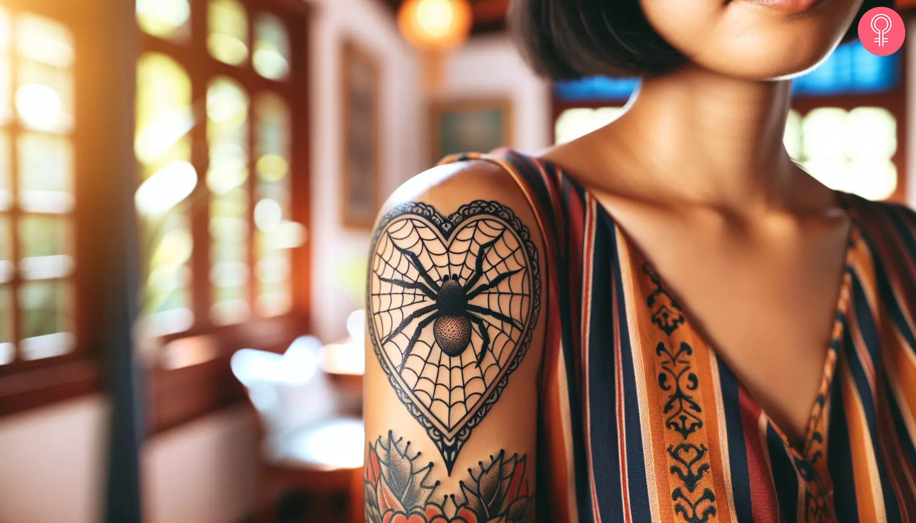 A woman with a spider heart tattoo on the upper arm