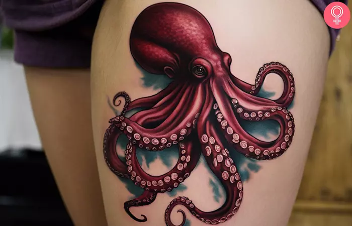 An octopus tattoo on the thigh