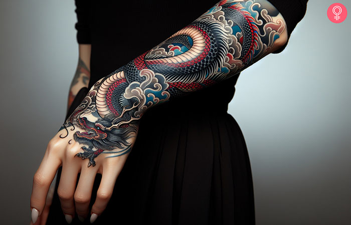 An Asian dragon tattoo on the forearm.