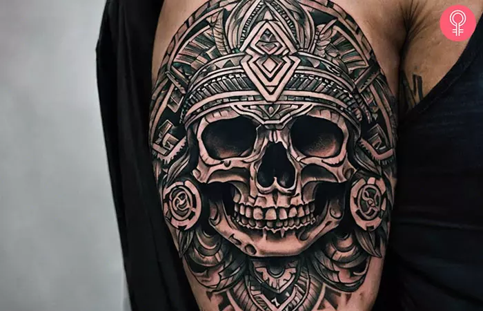 Aztec skull tattoo on the arm