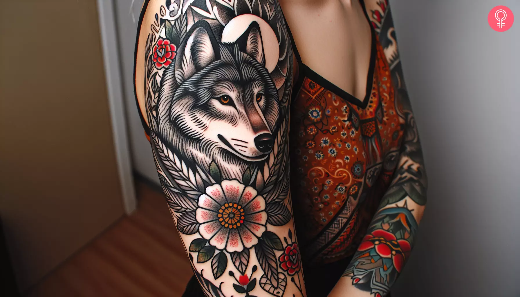 A wolf head and flowers tattoo sleeve inked on the arm of a woman