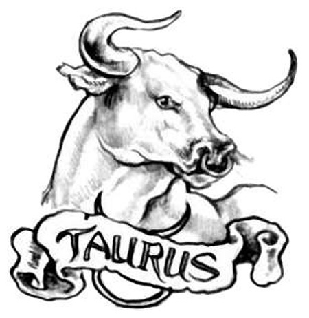 Bull-head tattoo with Taurus written underneath