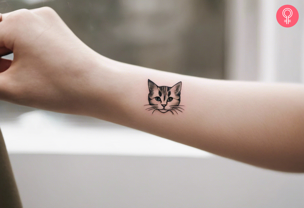A woman with a cat tattoo on her forearm