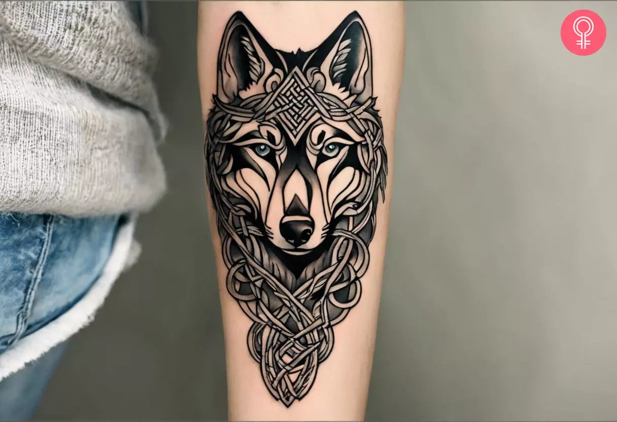 A Celtic wolf tattoo on the forearm