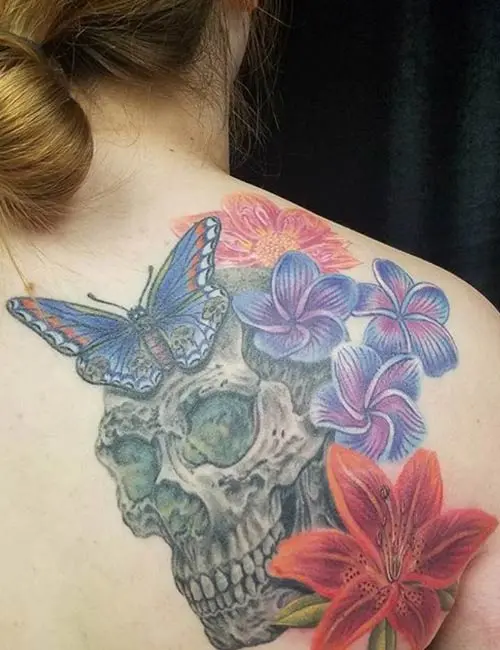 Colorful Skull Tattoo On Back Of Shoulder