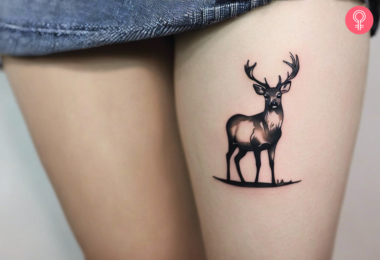 A woman with a deer tattoo on her thigh