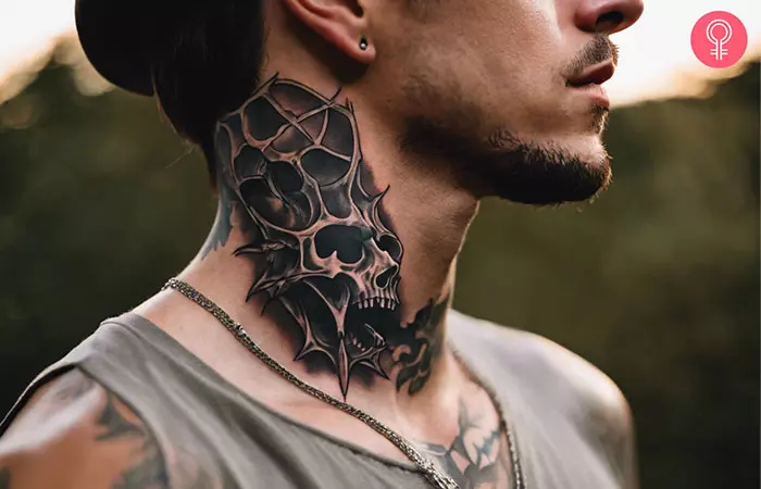 Demon skull tattoo on the neck