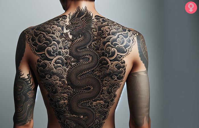 A dragon spine tattoo on the back.