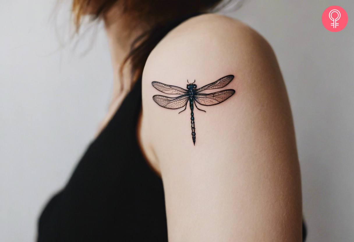 A woman with a dragonfly tattoo on her arm