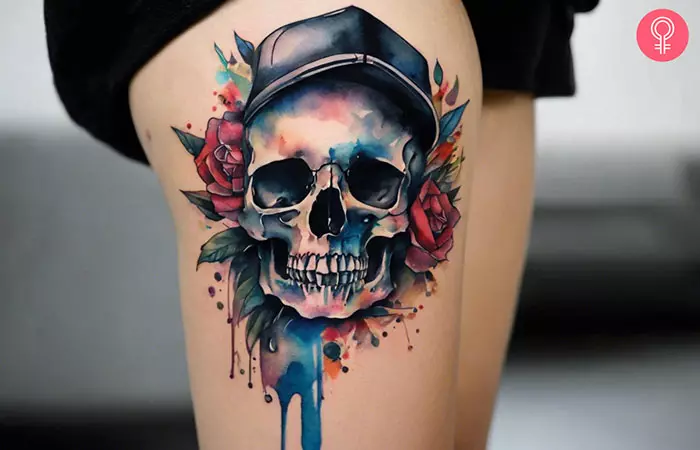 Gangster skull tattoo on the thigh