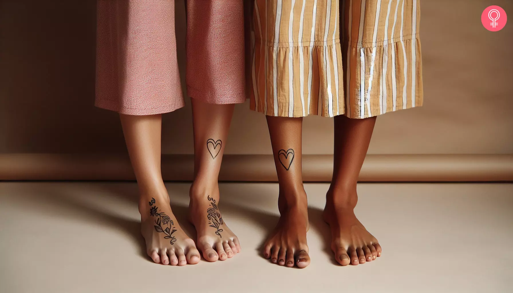 Matching heart tattoos near the ankle