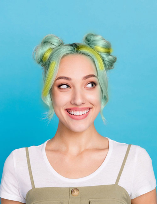 Green and yellow half loop pigtails emo hairstyle for girls
