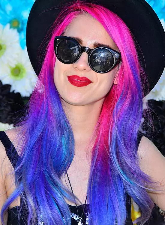 Pink and blue long waves funky hairstyle for girls