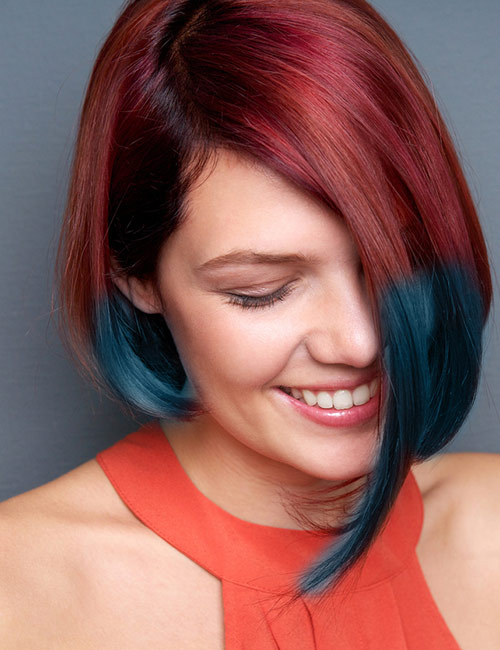 Red and blue ombre short layers emo hairstyle for girls
