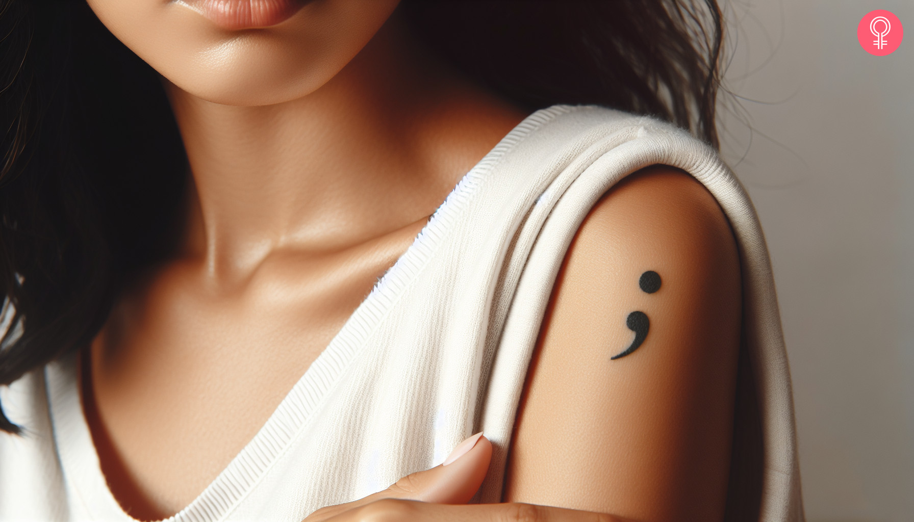A woman with a semicolon tattoo on her upper arm