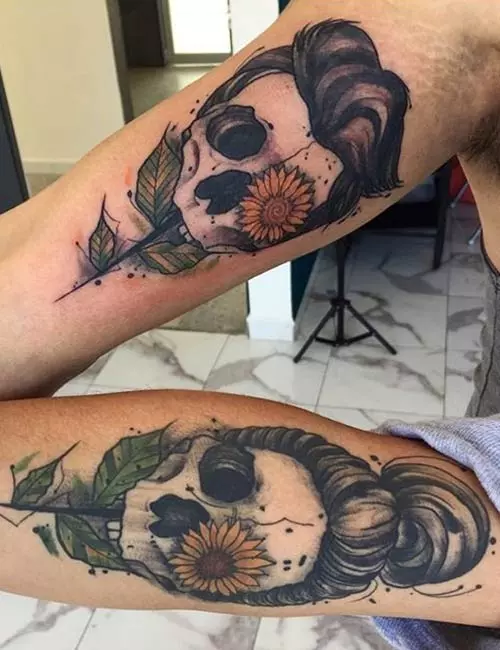 Skull and a flower tattoo for couples