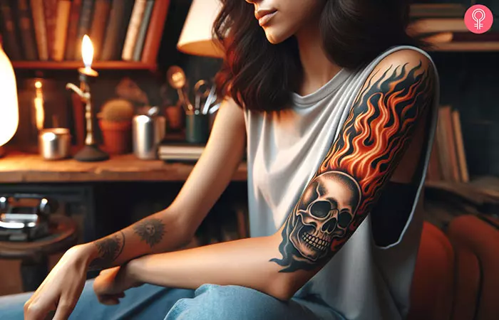 Skull flames tattoo on the upper arm